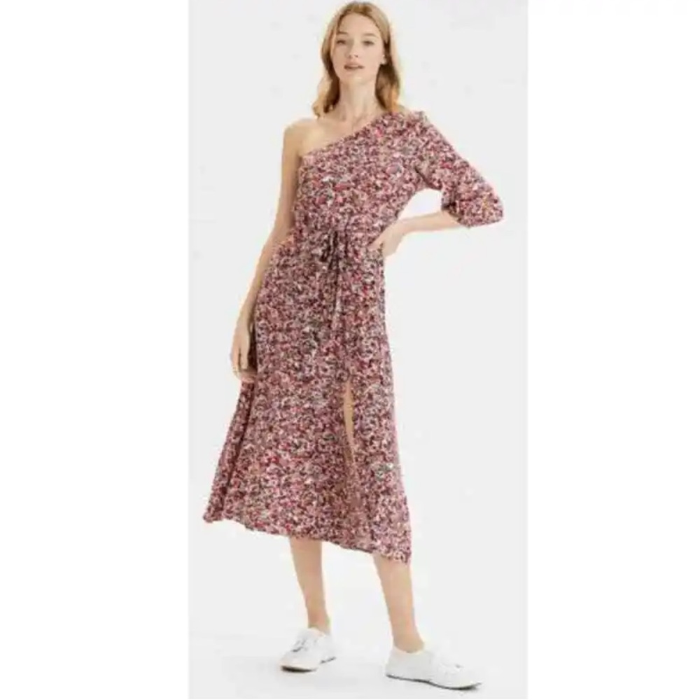 American Eagle One Shoulder Red Floral Midi Dress